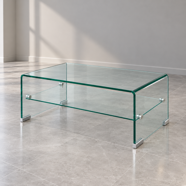 Modern tempered glass coffee table with clear rectangular top and lower glass shelf