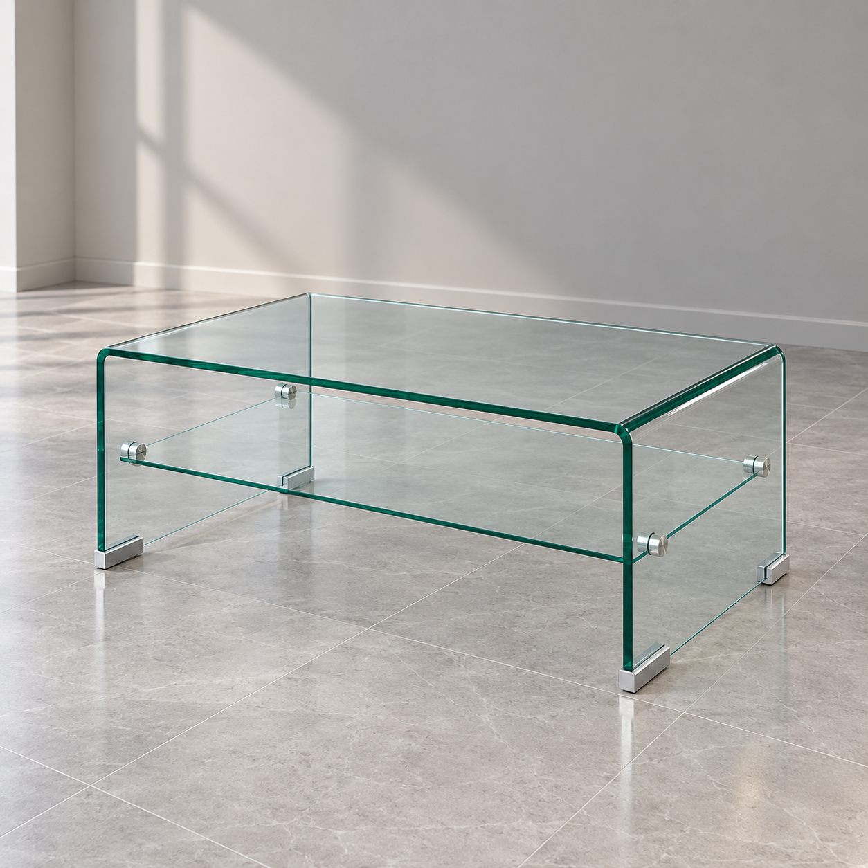 Modern tempered glass coffee table with clear rectangular top and lower glass shelf