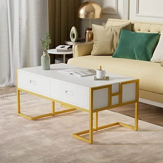 White Modern glass coffee table with drawers