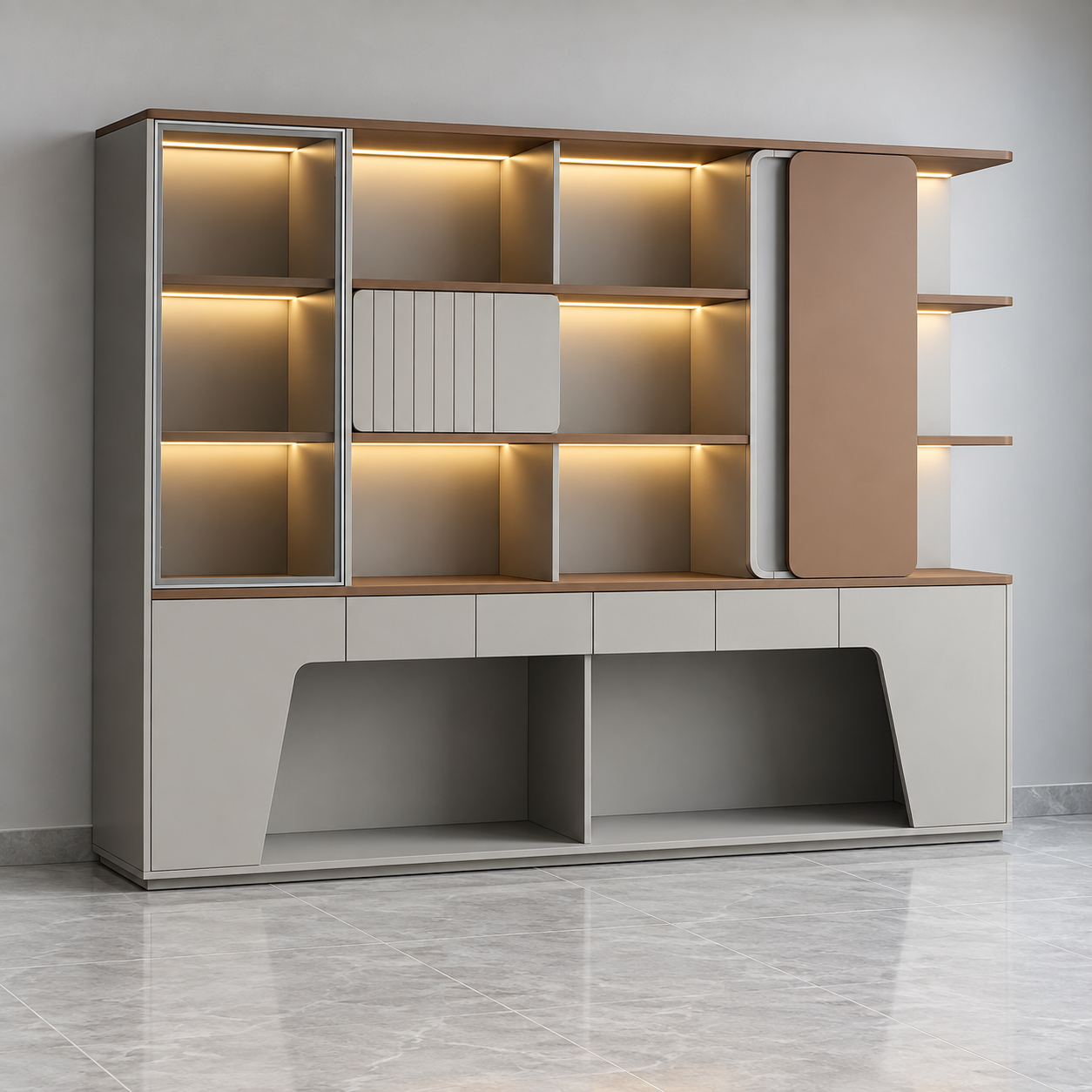 2.4M large modern office cabinet 2M high with open shelves and enclosed storage