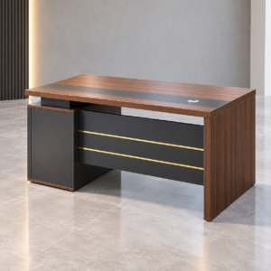 1.4M Modern Office Desk with Fixed Drawers – Walnut & Grey Finish