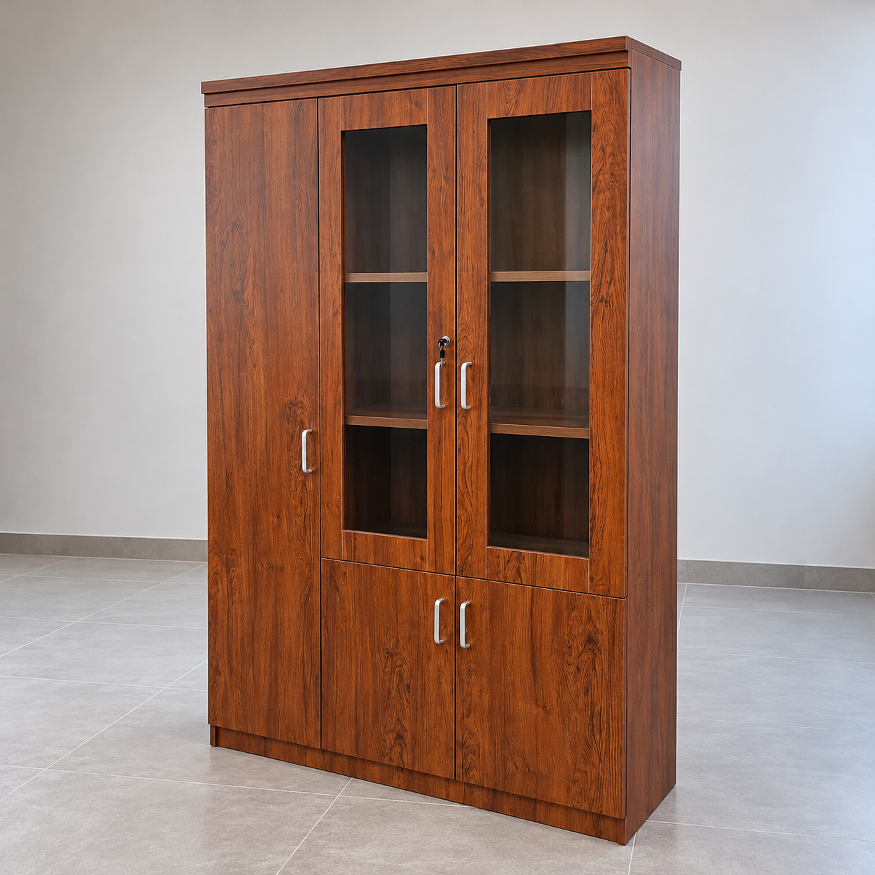 Executive wooden office cabinet with its wardrobe door open, showing an upper shelf, hanging hook and adjacent glass-front shelving.