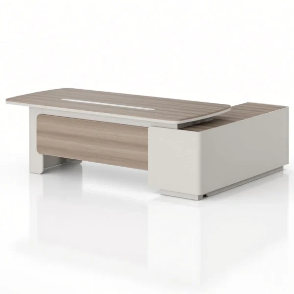 2.2m executive office desk with a light wood-grain top, cream side return, rounded corners and matching front modesty panel.