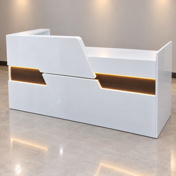 1.6m white executive reception desk with warm LED lighting, angular front panels and a wood-look accent.
