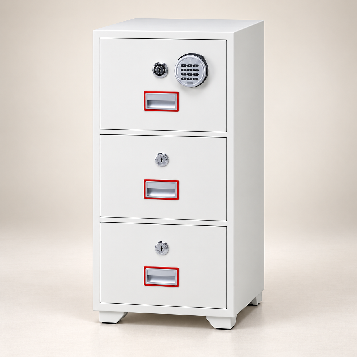 Three-drawer digital fireproof safe cabinet with an upper keypad, key locks and recessed handles outlined in red.