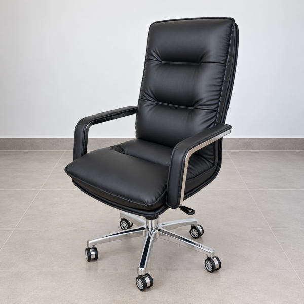 Black high-back executive swivel chair with padded armrests, silver-tone trim and a chrome-look five-spoke wheeled base.