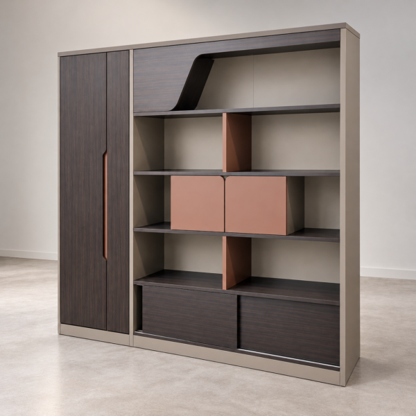 Modern executive office cabinet with dark wood-look panels, open shelves, a tall side cupboard and terracotta-toned accents.