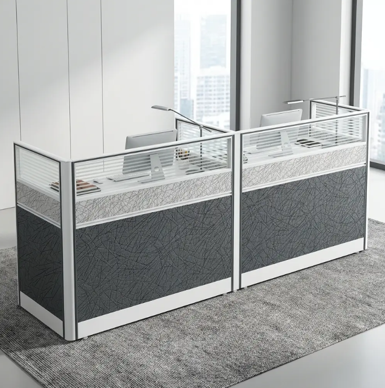 Front view of a 2-way straight office workstation with patterned grey privacy panels, striped translucent upper sections and silver-tone frames.