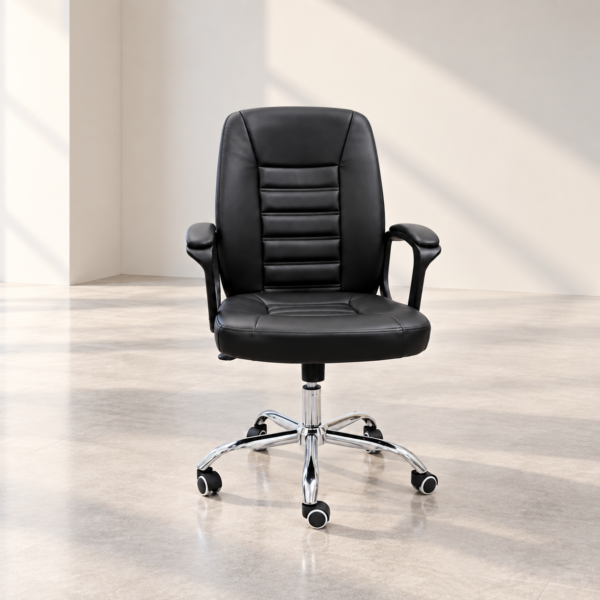 Black mid-back leather office chair with a padded backrest, cushioned armrests and silver wheeled base